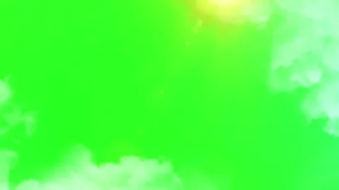 Bright lightning bolts striking through fluffy white clouds against vibrant Stock Footage 343842553