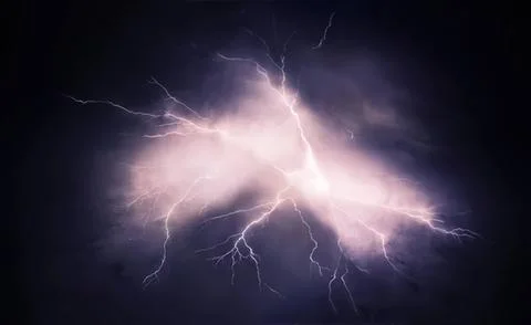 Bright lightning storm in dark sky with cloud and electric bolts Stock Photos