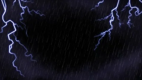 Bright lightning strikes during a heavy rainstorm in a dark night sky with Stock Footage 338369028