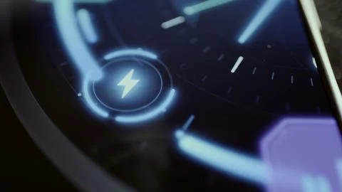Bright lightning symbol glows inside a circular energy control Stockfoto's