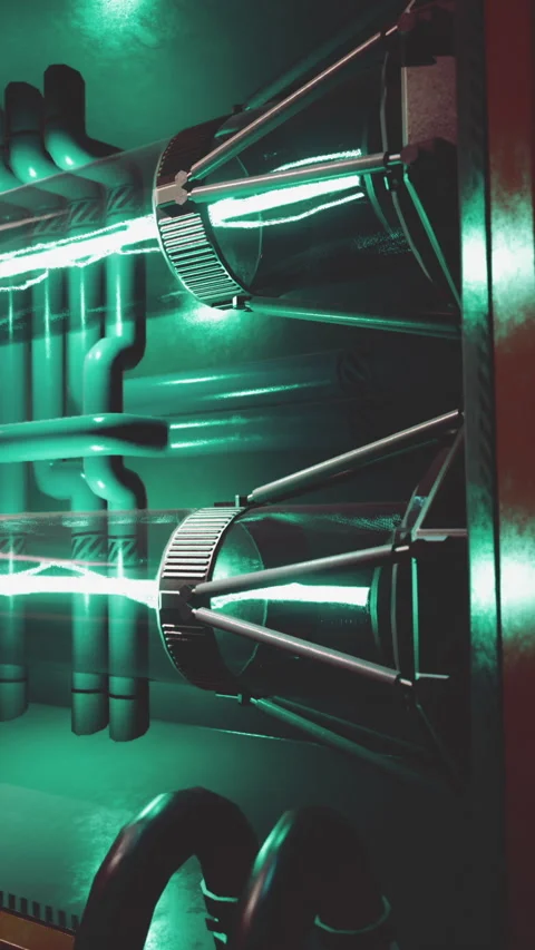 Bright lights and metallic structures in a machine display at night Stock Footage 337954582
