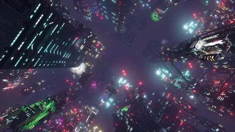 Bright lights of the cities of the future. Cybernetics, virtual reality. Stock Footage 304489501
