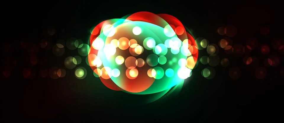 Bright lights form abstract circular shape against dark background. Red, gree Illustrazione stock