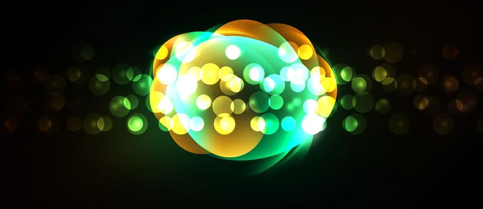Bright lights form abstract sphere. Yellow, green hues dominate dark backgr.. Stock Illustration