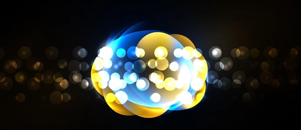 Bright lights form abstract sphere. Golden, blue hues blend. Bokeh effect Illustrazione stock