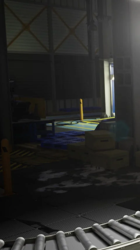 Bright lights illuminate a quiet warehouse during late night operations Stock Footage 331834383