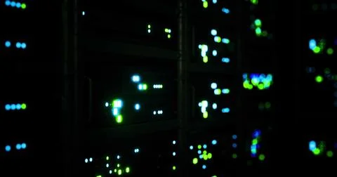 Bright lights illuminate server racks in a dark data center at night Stock Illustration