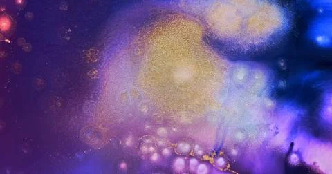 Bright lilac gold fluid abstract backdrop. Neon pink purple paint flow. Shiny Stock Illustration