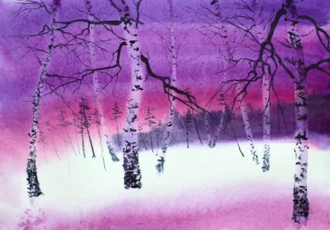 Bright lilac sunset in the forest Stock Illustration