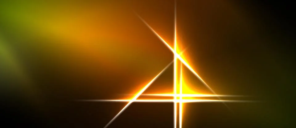 Bright lines form triangle, cross shape. Orange, yellow hues dominate dark Stock Illustration