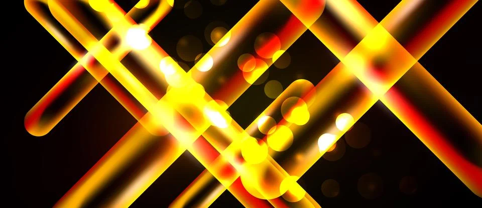 Bright lines intersect, creating abstract pattern. Bokeh effects add depth, Stock Illustration