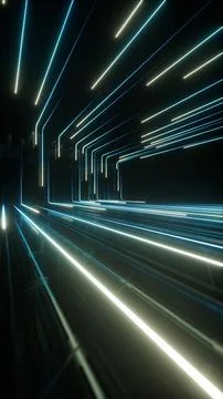 Bright lines through a dark stage with glowing blue neon lights, Background 3d Stock Illustration