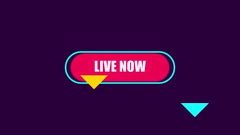 Bright LIVE NOW typography inside neon button with moving colorful triangle Stockbeeldmateriaal 334799292