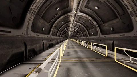 Bright long sci-fi steel tunnel. Alien space futuristic concept of long tunnel 스톡 동영상 129381027