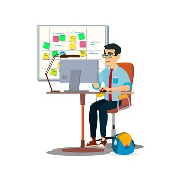 Bright manager man preparing computer presentation using board notes cartoon  Illustrazione stock