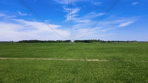 Bright Meadow, Bright Sky with Electrical Towers Stock Footage 221206138