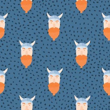 Bright medieval seamless pattern with viking faces. Scandinavian mans with be Stock Illustration