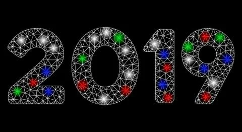 Bright Mesh 2D 2019 Digits Text with Flash Spots Stock Illustration