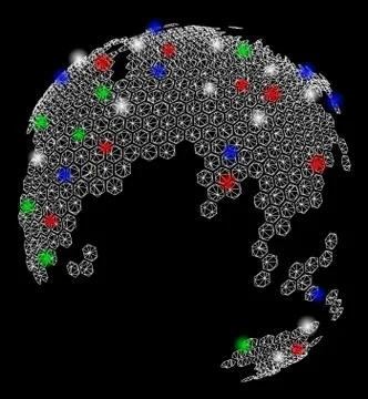 Bright Mesh 2D Abstract Dotted Earth Globe with Flare Spots Illustrazione stock
