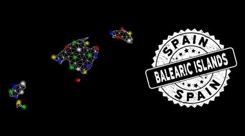 Bright Mesh 2D Balearic Islands Map with Light Spots and Grunge Stamp Seal Stock Illustration