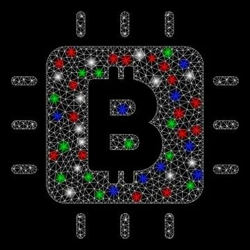Bright Mesh 2D Bitcoin Processor Chip with Flare Spots Illustrazione stock