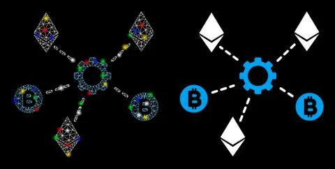 Bright Mesh 2D Cryptocurrency Network Nodes Icon with Flare Spots Stock Illustration