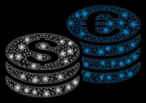 Bright Mesh 2D Dollar and Euro Coin Stacks with Flare Spots Stock Illustration