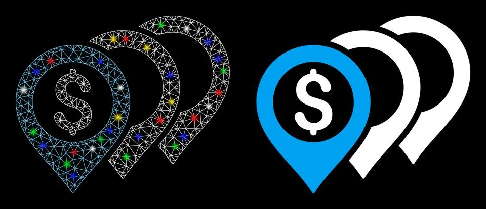 Bright Mesh 2D Dollar Map Pointers Icon with Light Spots 스톡 일러스트