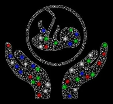 Bright Mesh 2D Embryo Care Hands with Flare Spots Illustration