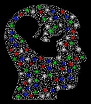Bright Mesh 2D Embryo Mind Head with Flash Spots Illustration