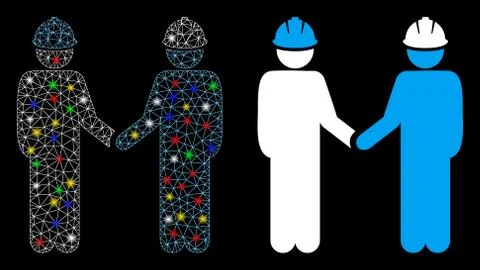 Bright Mesh 2D Engineer Persons Handshake Icon with Flare Spots Stock Illustration