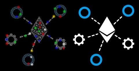 Bright Mesh 2D Ethereum Network Nodes Icon with Flash Spots Illustrazione stock