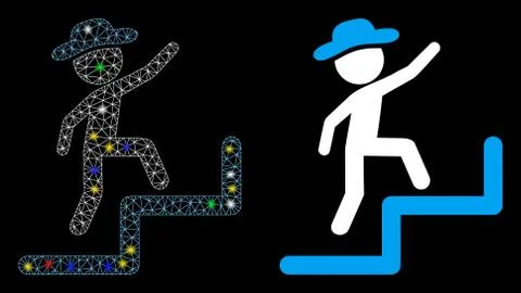 Bright Mesh 2D Gentleman Steps Upstairs Icon with Light Spots Illustrazione stock