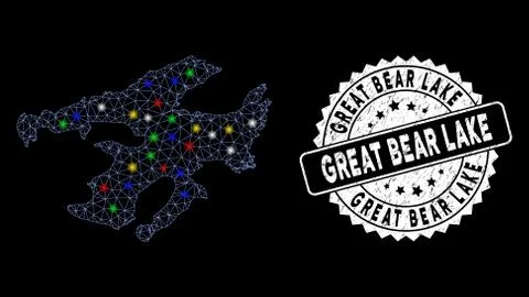 Bright Mesh 2D Great Bear Lake Map with Flare Spots and Grungy Stamp Illustrazione stock