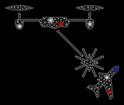 Bright Mesh 2D Laser Drone Attacks Airplane with Flare Spots Stock Illustration