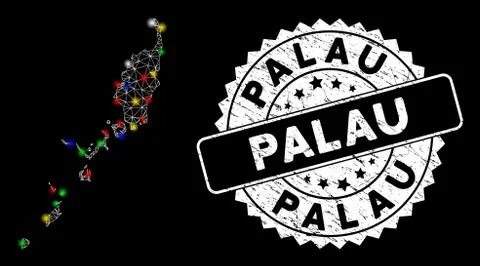 Bright Mesh 2D Palau Map with Flare Spots and Grungy Seal 스톡 일러스트