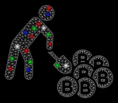 Bright Mesh 2D Person Mining Bitcoins with Flare Spots Stock Illustration