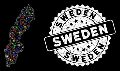 Bright Mesh 2D Sweden Map with Light Spots and Scratched Stamp Seal Illustrazione stock