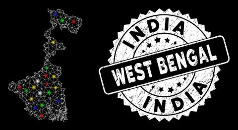 Bright Mesh 2D West Bengal State Map with Flash Spots and Grunge Seal Stock Illustration