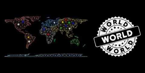 Bright Mesh 2D World Continent Map with Light Spots and Grunge Watermark Stock-Illustration