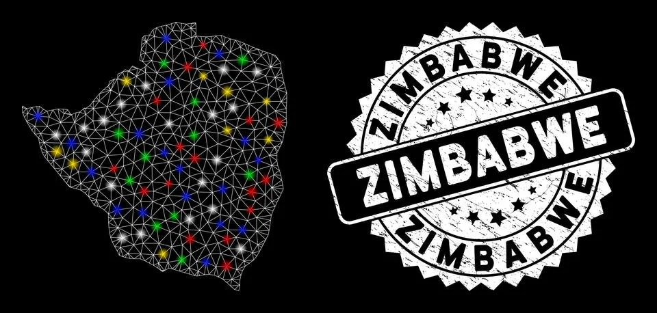 Bright Mesh 2D Zimbabwe Map with Flash Spots and Scratched Stamp Stock Illustration
