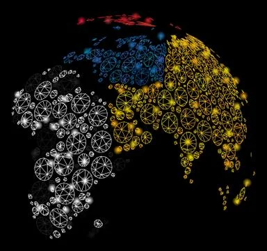 Bright Mesh Carcass Abstract Globe with Dotted Continents with Flare Spots Stock Illustration