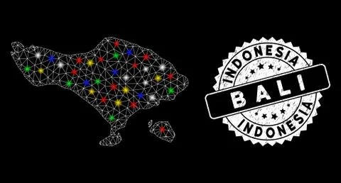 Bright Mesh Carcass Bali Map with Flash Spots and Grungy Stamp Seal Stock Illustration