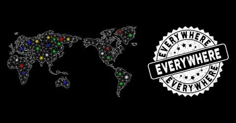 Bright Mesh Carcass Everywhere Map with Flare Spots and Rubber Stamp Seal Stock Illustration