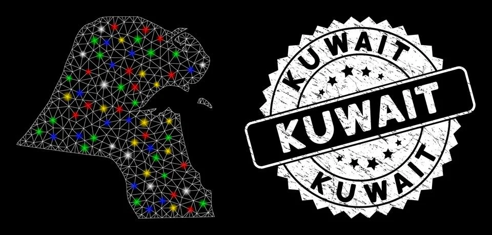 Bright Mesh Carcass Kuwait Map with Light Spots and Rubber Watermark Illustrazione stock