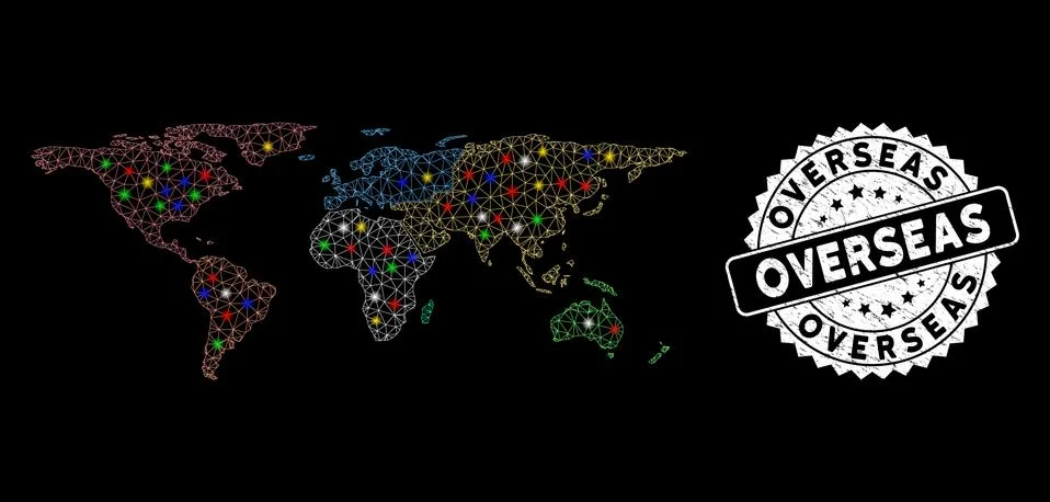 Bright Mesh Carcass Overseas Map with Flash Spots and Grunge Stamp Seal Stock Illustration