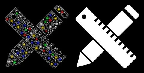 Bright Mesh Carcass Pen and Ruler Design Tools Icon with Flash Spots Stock Illustration