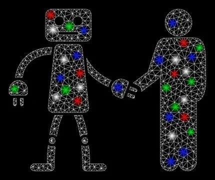 Bright Mesh Carcass Robot Human Handshake with Light Spots Stock Illustration