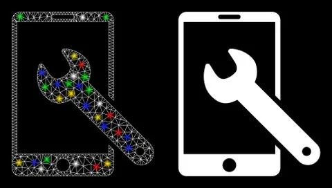 Bright Mesh Carcass Smartphone Setup Wrench Icon with Light Spots 스톡 일러스트