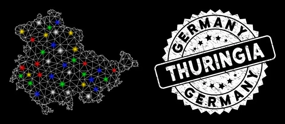 Bright Mesh Carcass Thuringia Land Map with Light Spots and Grunge Stamp Seal イラスト素材